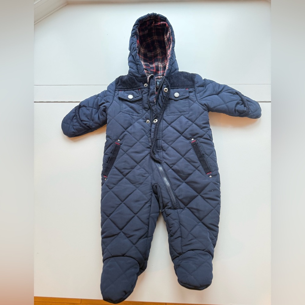 French Connection Navy and Red Plaid Lined Hooded Infant Snowsuit